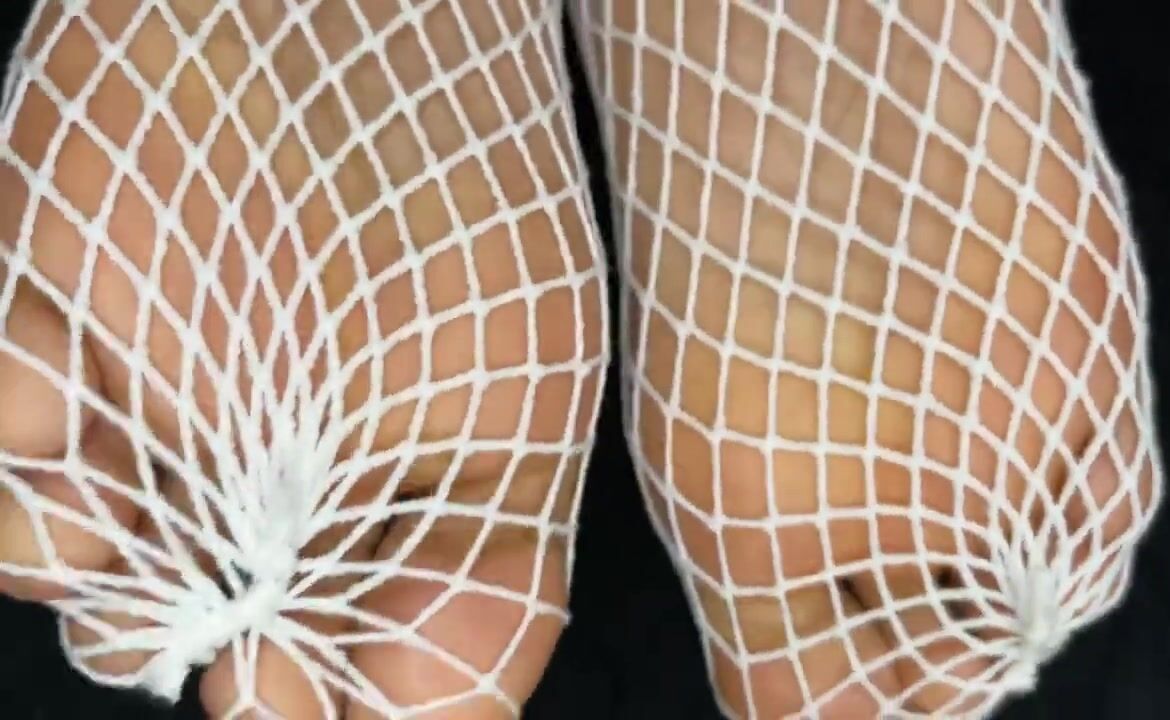 Ebony Girl Shows off Her Feet with French Pedicure in Her White Fishnets