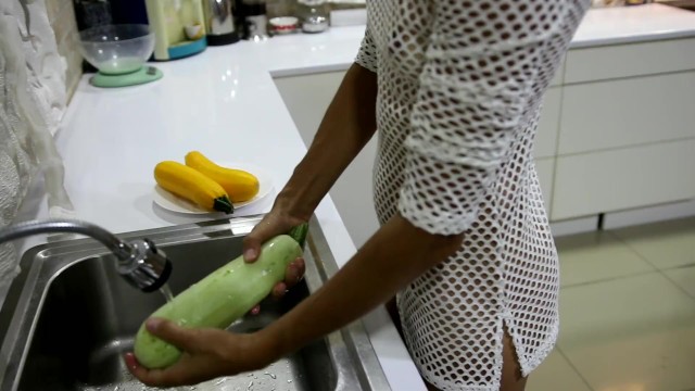 Fast fuck with housewife in sexy dress during baking zucchini