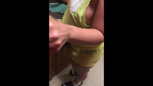 Spying on wife’s stepsister cooking in sheer shorts and side boobs out